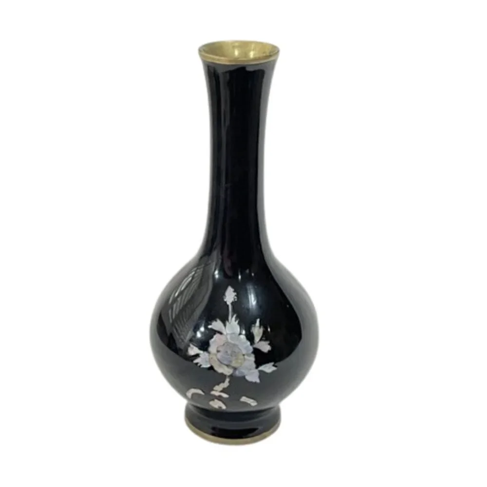 Asian black lacquer, brass and mother of pearl vase